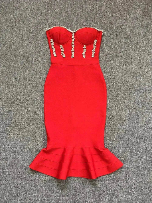 Rhinestone Waist-tight Hip Lotus Leaf Fishtail Gown - www.Shopthatapp.com