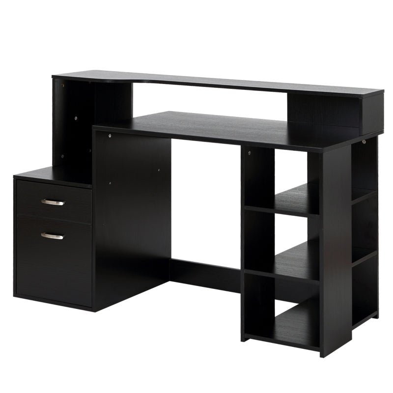 Modern Computer Desk with Drawers and Storage Shelves, Study Workstation, Writing Desk with Printer Stand for Home Office, Black - www.Shopthatapp.com