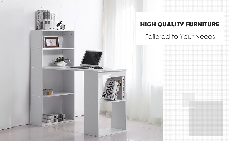 Bureau d'ordinateur moderne de 120 cm, étagère, table d'étude, poste de travail, ordinateur portable, bureau à domicile, 6 étagères, blanc