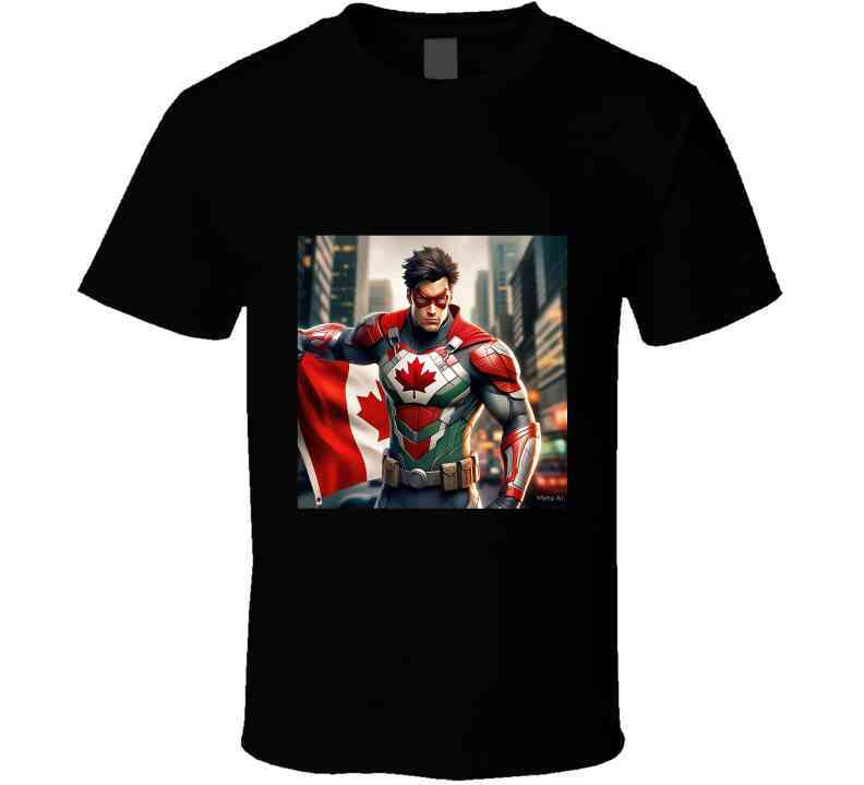 Black T-shirt featuring a superhero with a Canadian flag design, perfect for fans of Shopthatapp kitchenware