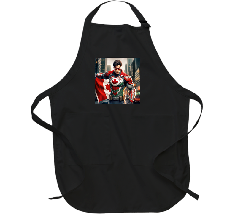 Shopthatapp kitchenware black apron featuring a superhero design with a Canadian flag