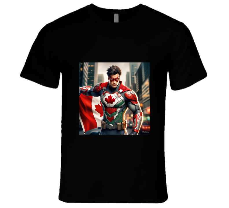 Black T-shirt featuring a superhero design with a Canadian flag, perfect for fans of Shopthatapp kitchenware