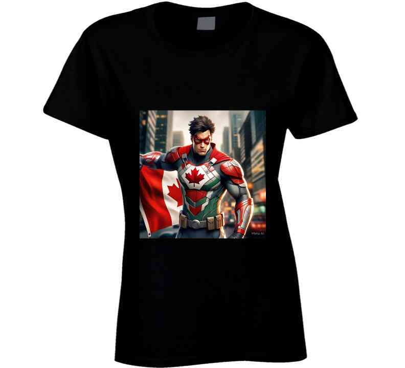 Shopthatapp kitchenware themed T-shirt featuring a Canadian superhero design on a black shirt