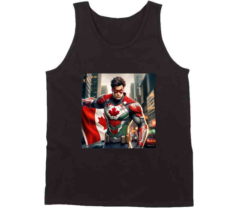 Black tank top featuring a graphic comic character holding a Canadian flag, ideal for fans of Shopthatapp kitchenware