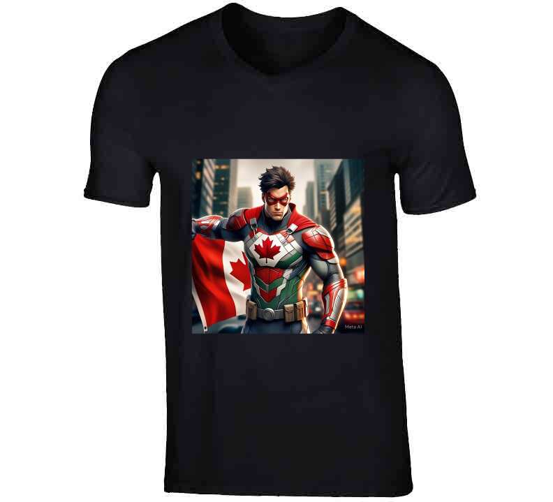 Black V-neck T-shirt featuring a Canadian superhero design for Shopthatapp kitchenware fans