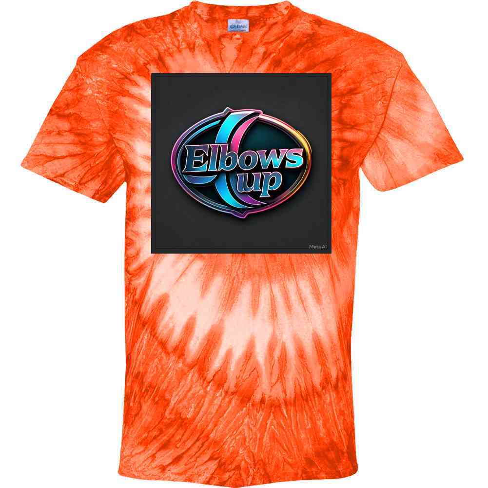 Orange tie-dye T-shirt featuring the Elbows Up logo for fans of Shopthatapp kitchenware