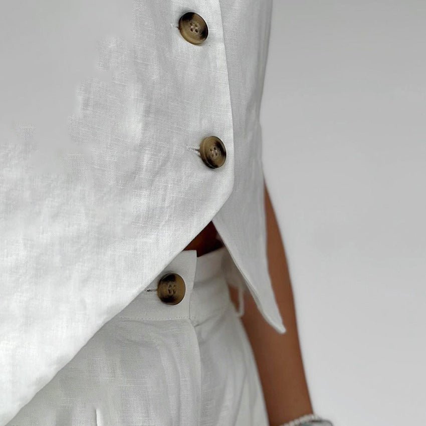 Sita French V-neck sleeveless high waist two-piece cotton shorts set - www.Shopthatapp.com
