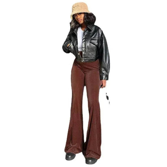 Solid Color Velvet Elastic High Waist Slimming Casual Bootcut Trousers Women - www.Shopthatapp.com