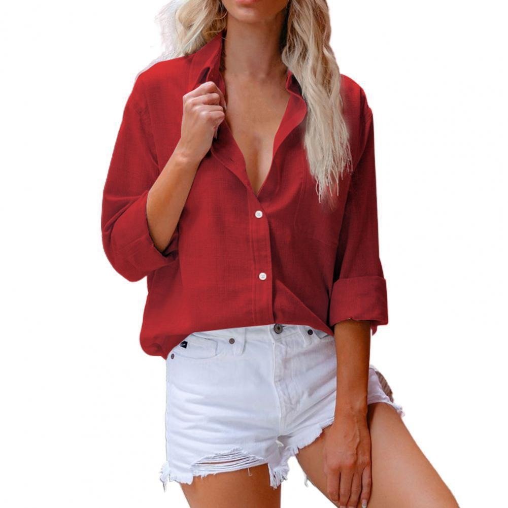 Stacie Cotton Linen Long Sleeve Button Shirt Lapel Top - www.Shopthatapp.com