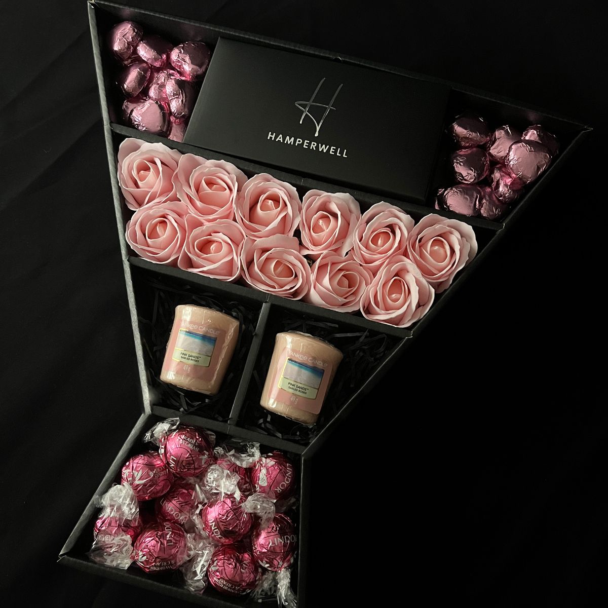 Lindt Lindor & Yankee Candle Signature Chocolate Bouquet With Pink Roses-Food and beverage-www.Shopthatapp.com-HamperWell
