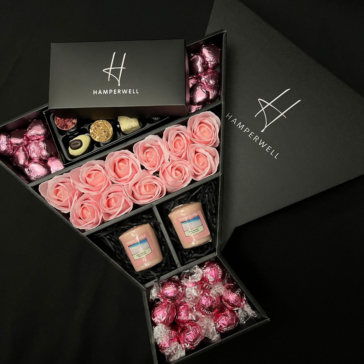 Lindt Lindor & Yankee Candle Signature Chocolate Bouquet With Pink Roses-Food and beverage-www.Shopthatapp.com-HamperWell