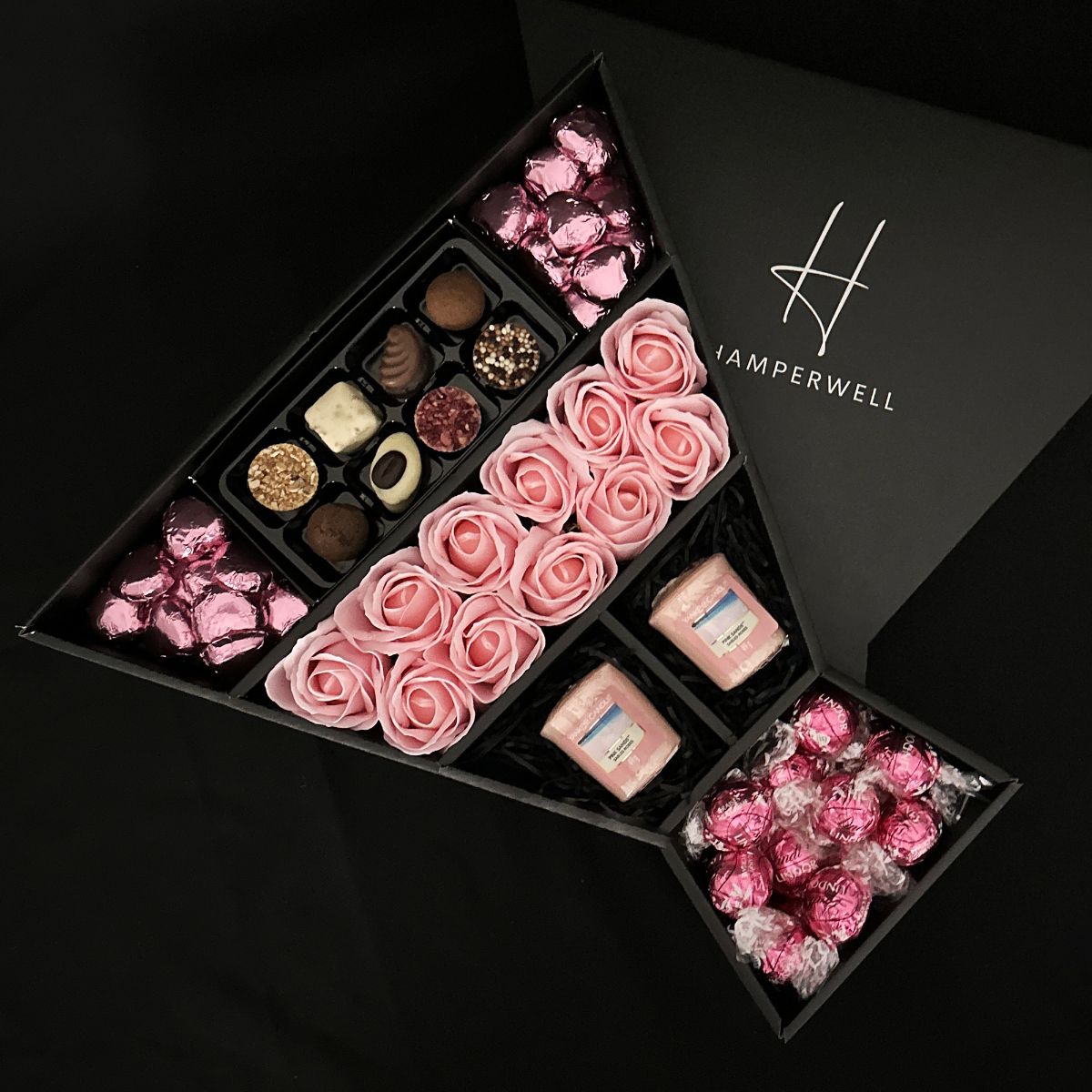 Lindt Lindor & Yankee Candle Signature Chocolate Bouquet With Pink Roses-Food and beverage-www.Shopthatapp.com-HamperWell