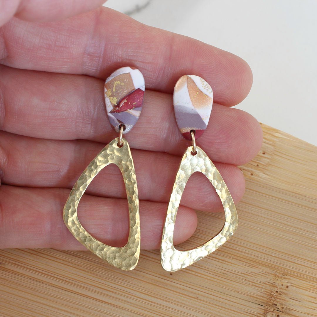 TOLMI Earrings - Wine and Gold Polymer Clay earrings with hammered brass accents - www.Shopthatapp.com