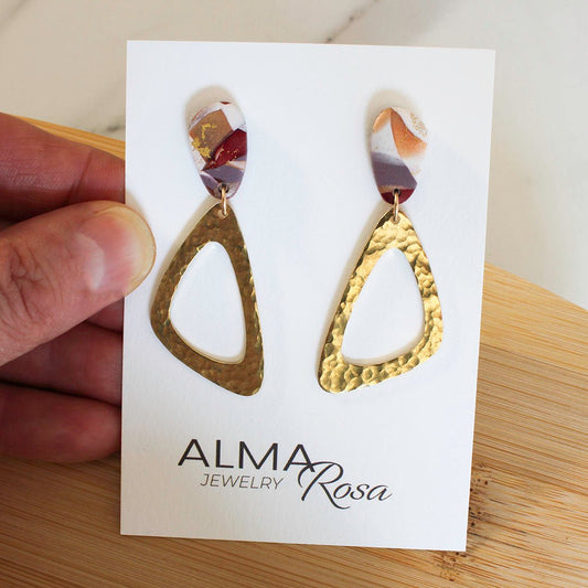 TOLMI Earrings - Wine and Gold Polymer Clay earrings with hammered brass accents - www.Shopthatapp.com