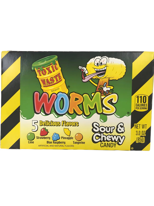 Toxic Waste Worms Sour & Chewy Candy Theatre Box 3OZ - BB 02/24 - www.Shopthatapp.com