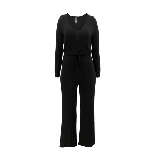 TTFN WOMEN'S LONG SLEEVE JUMPSUIT WITH HENLEY NECKLINE AND FLARED WIDE LEG - www.Shopthatapp.com