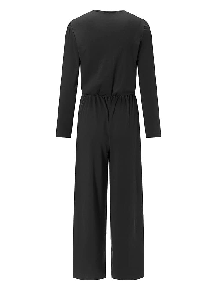 TTFN WOMEN'S LONG SLEEVE JUMPSUIT WITH HENLEY NECKLINE AND FLARED WIDE LEG - www.Shopthatapp.com