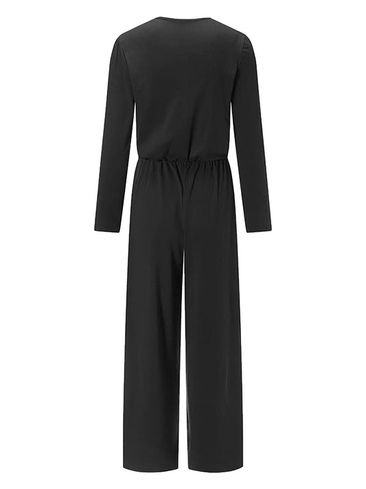 TTFN WOMEN'S LONG SLEEVE JUMPSUIT WITH HENLEY NECKLINE AND FLARED WIDE LEG - www.Shopthatapp.com