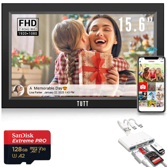 TUTT 15.6” Digital Photo Frame | WiFi IPS Touch Screen, Internal 32 GB | Frameo App | Tabletop or Wall-Mounted | 128GB Micro SD SanDisk + 5 in 1 Card Reader