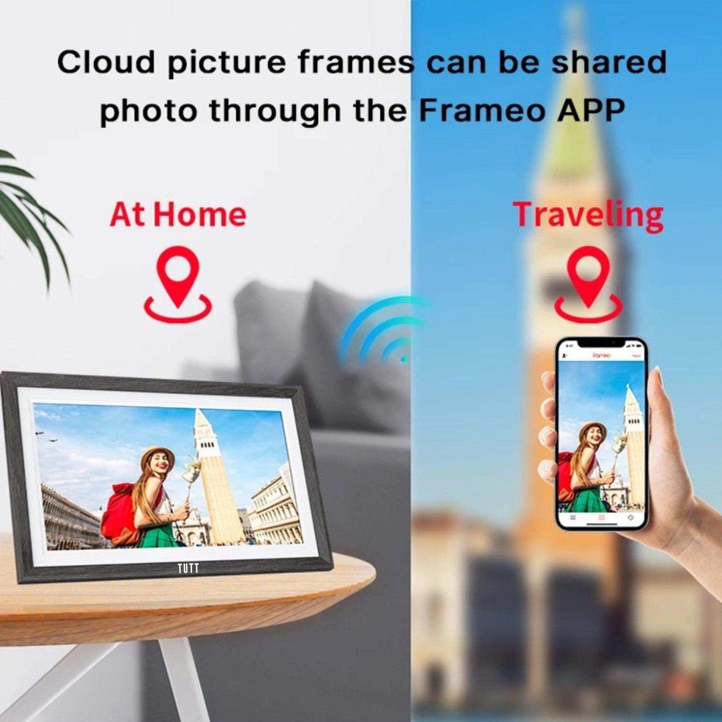 TUTT 15.6” Digital Photo Frame | WiFi IPS Touch Screen, Internal 32 GB | Frameo App | Tabletop or Wall-Mounted | 128GB Micro SD SanDisk + 5 in 1 Card Reader