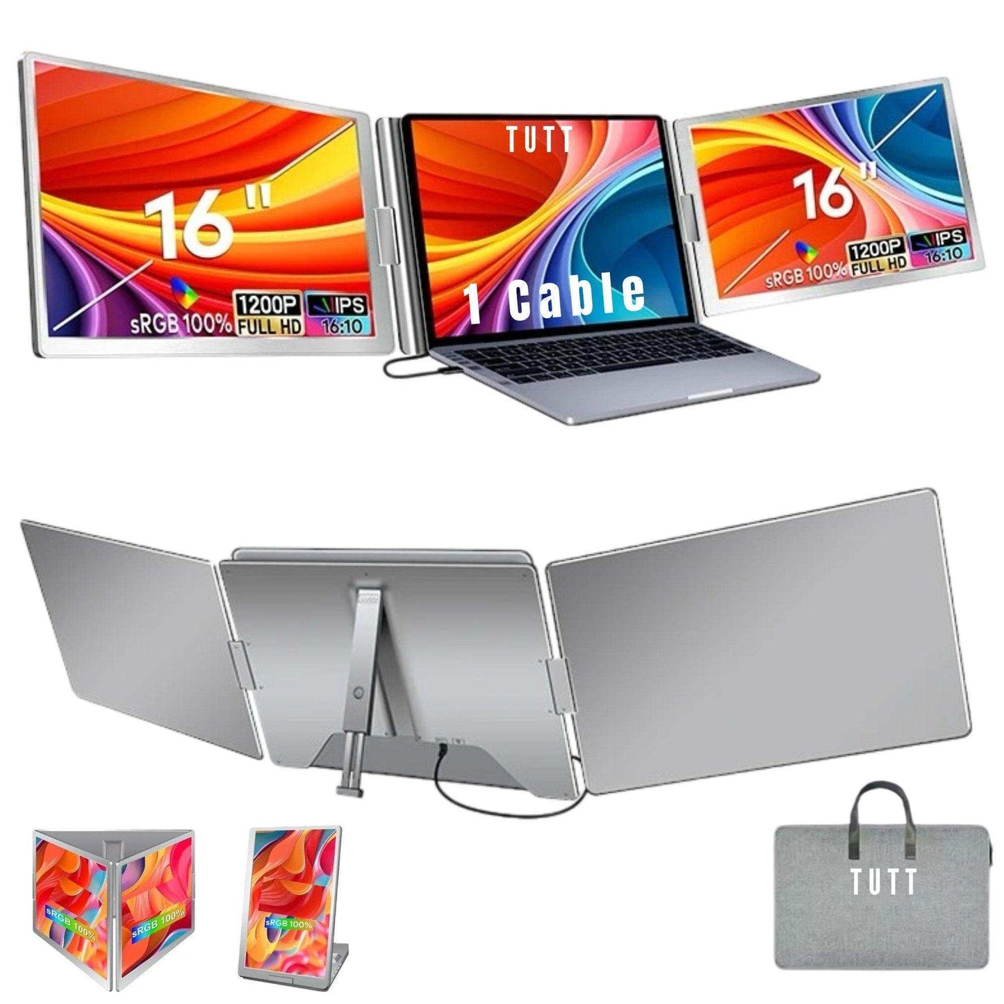 TUTT 16” Dual Screen Portable Monitor for Laptop | Single Cable Connection | 16:10 Ratio IPS, Stand-Alone Design | Windows, macOS, ChromeOS, Linux, and Android | S900