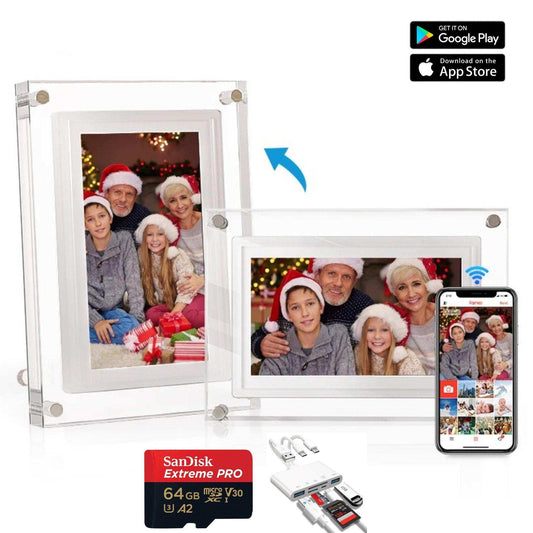 TUTT 7" and 10” Acrylic Digital Photo Frame | WiFi | IPS Touchscreen | 32GB Built-In Storage | Frameo App | SanDisk Extreme PRO® 64GB micro SD Card + Reader Kit