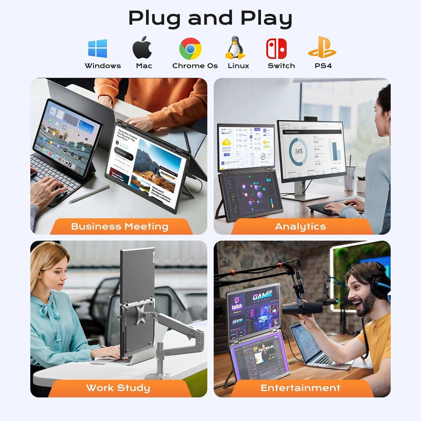 TUTT 15.6” Portable Monitor Dual Screen Extender, Plug and Play, VESA Mount, M4