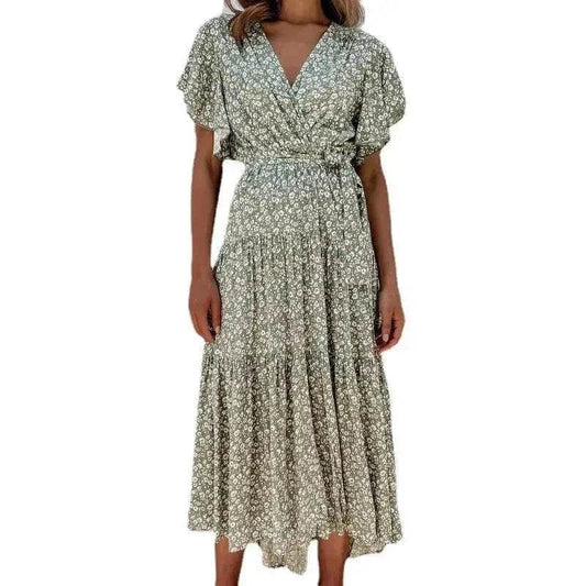 V-neck Lotus Leaf Sleeve Floral Split Dress - www.Shopthatapp.com