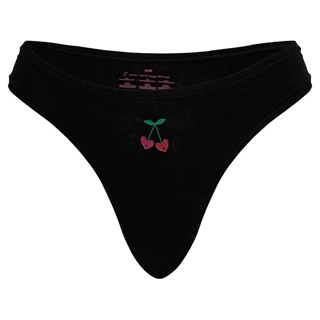 Cheeky Cherry Black Thong with Cute Cherry Design and Leakproof Thong Liner for Comfort