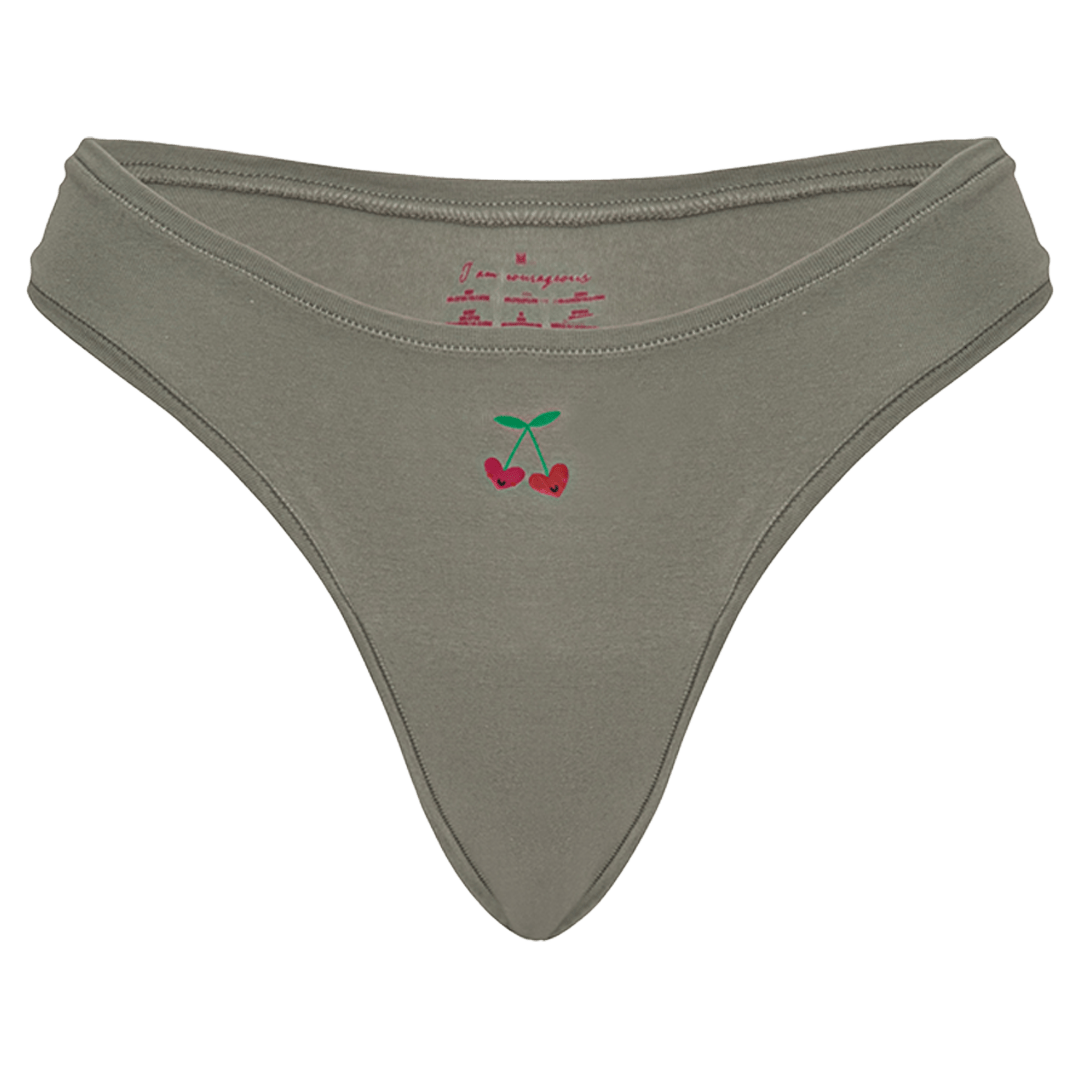 Cheeky Cherry leakproof thong liner in olive green with embroidered cherry design