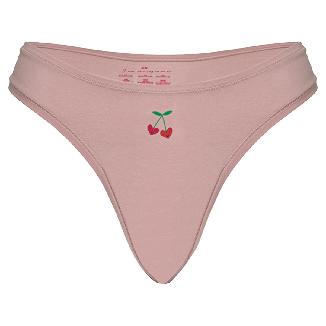 Cheeky Cherry Leakproof Thong Liner in soft pink with cute cherry design for all-day comfort