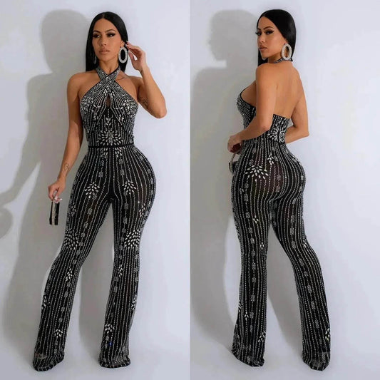 Wear Solid Color Rhinestone Sleeveless Halter Trousers Jumpsuit - www.Shopthatapp.com