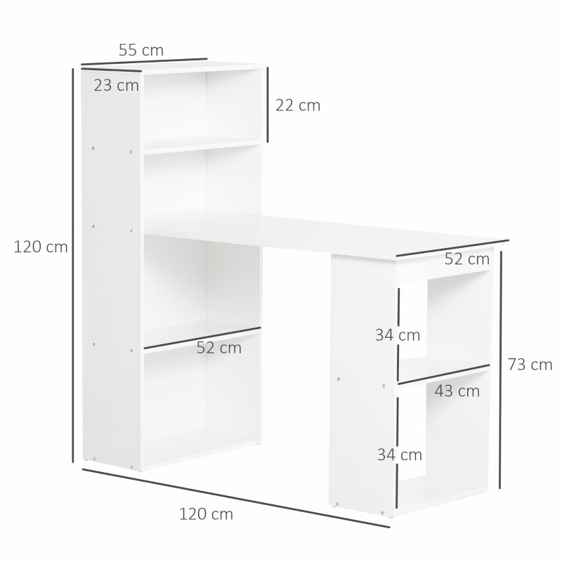 Bureau d'ordinateur moderne de 120 cm, étagère, table d'étude, poste de travail, ordinateur portable, bureau à domicile, 6 étagères, blanc