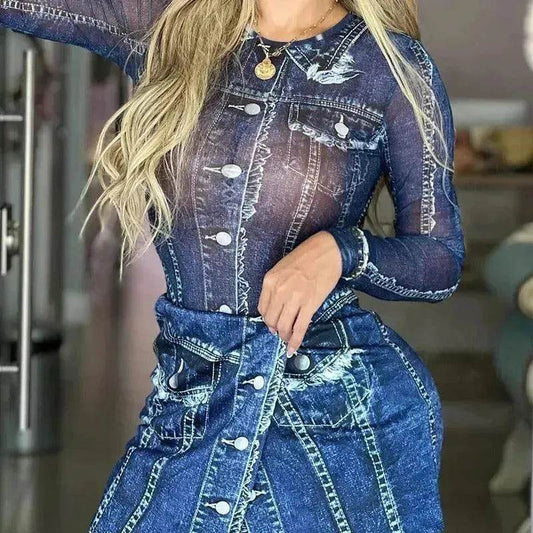 Women's Denim-like Printed Long-sleeved Jumpsuit - www.Shopthatapp.com