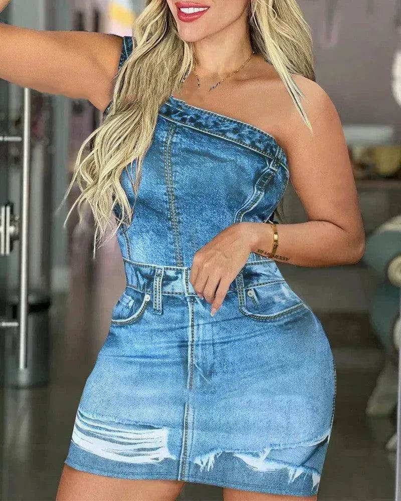 Women's Denim-like Printed Long-sleeved Jumpsuit - www.Shopthatapp.com