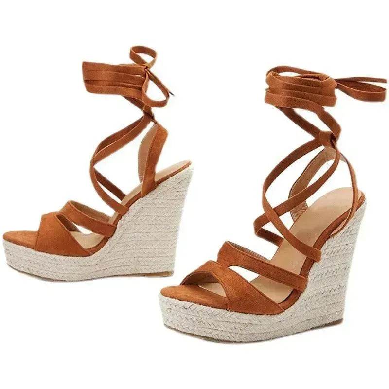 Women's Fashion Foam Bottom Heightening Cross Strappy Rope Tie Wedge Sandals - www.Shopthatapp.com