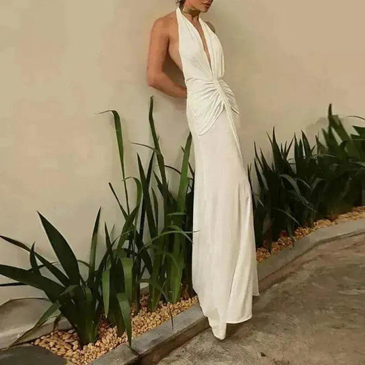 Women Summer Backless Sleeveless Hanging Neck Pleated White Dress - www.Shopthatapp.com