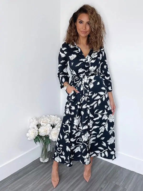 Women's Printed Cropped Sleeves Casual Mid-Length Shirt Dress - www.Shopthatapp.com