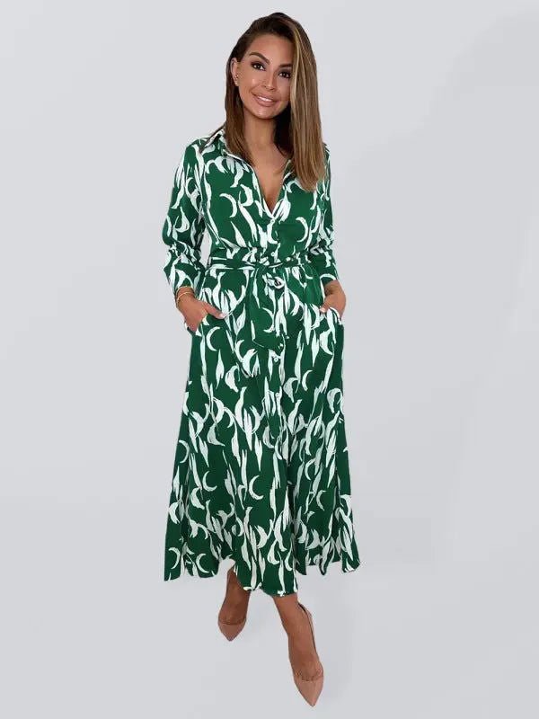 Women's Printed Cropped Sleeves Casual Mid-Length Shirt Dress - www.Shopthatapp.com