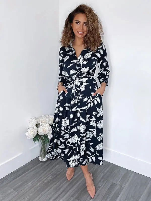 Women's Printed Cropped Sleeves Casual Mid-Length Shirt Dress - www.Shopthatapp.com