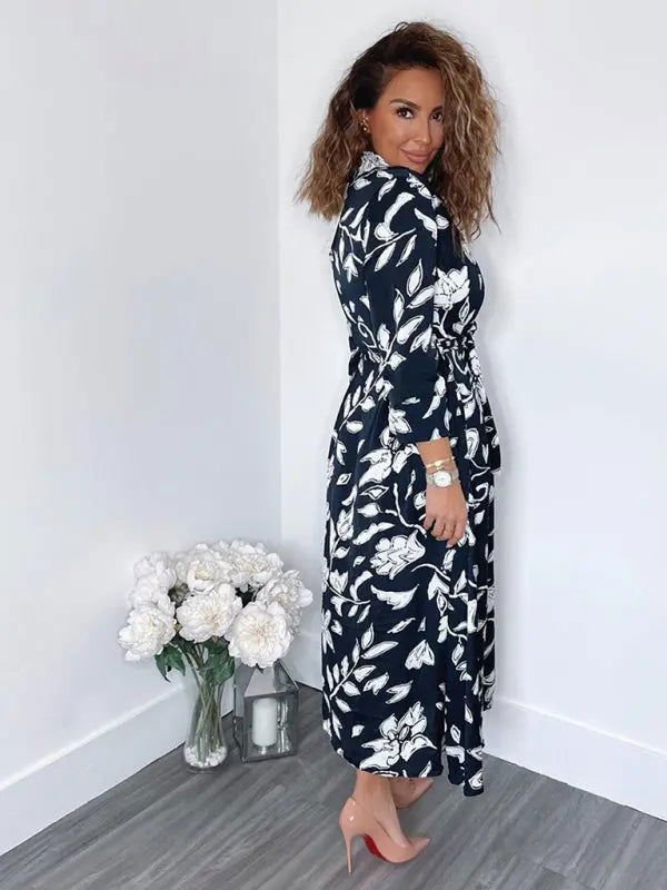 Women's Printed Cropped Sleeves Casual Mid-Length Shirt Dress - www.Shopthatapp.com