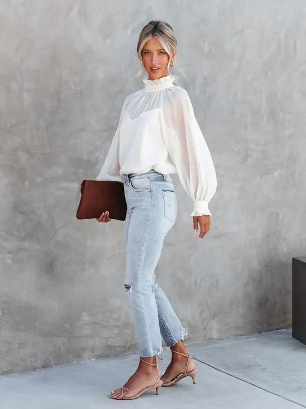 Women's Solid Color Mock Neck Lantern Sleeve Blouse - www.Shopthatapp.com