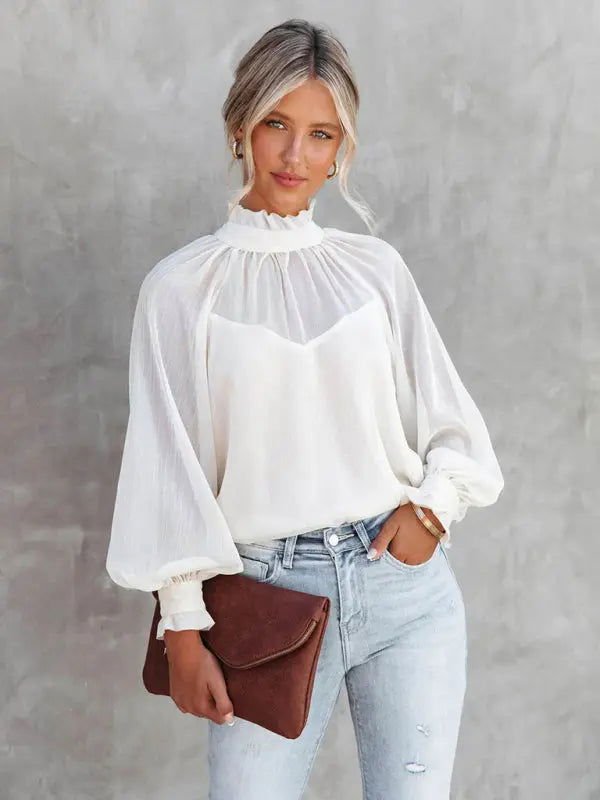 Women's Solid Color Mock Neck Lantern Sleeve Blouse - www.Shopthatapp.com