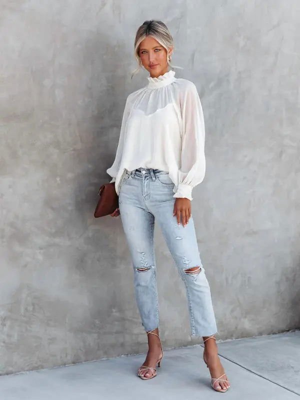 Women's Solid Color Mock Neck Lantern Sleeve Blouse - www.Shopthatapp.com