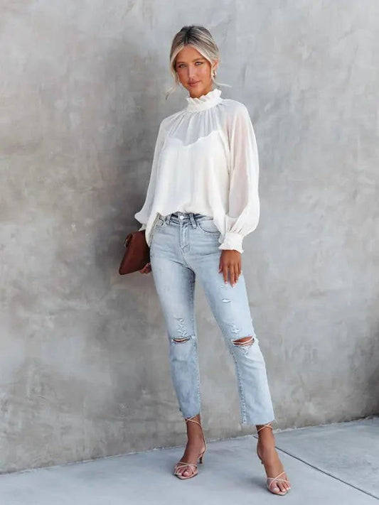 Women's Solid Color Mock Neck Lantern Sleeve Blouse - www.Shopthatapp.com