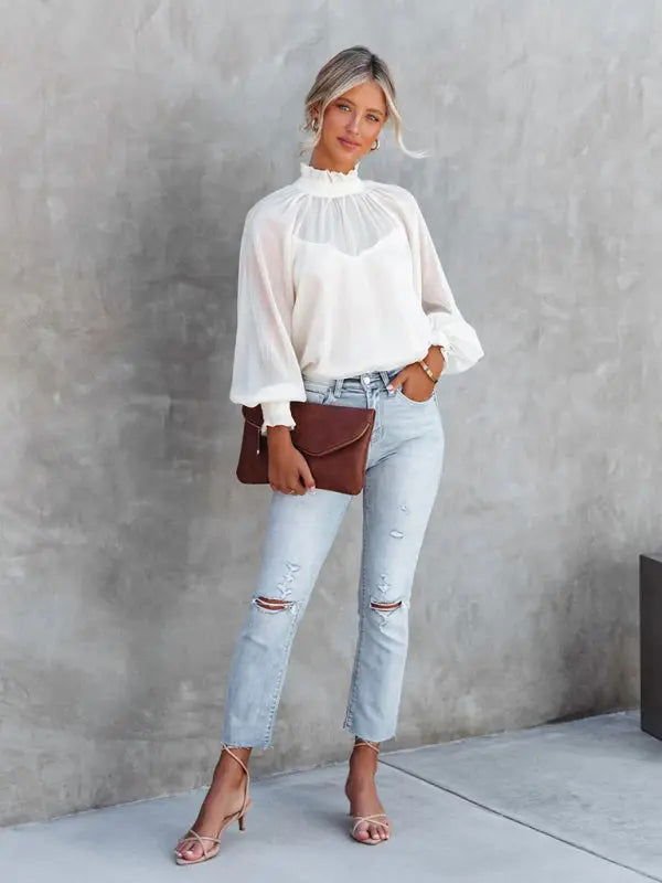 Women's Solid Color Mock Neck Lantern Sleeve Blouse - www.Shopthatapp.com