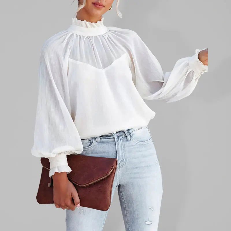 Women's Solid Color Mock Neck Lantern Sleeve Blouse - www.Shopthatapp.com