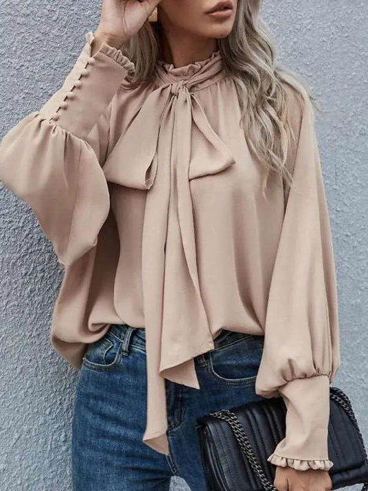 Women's Solid Color Puff Sleeve Bow Tie Blouse - www.Shopthatapp.com