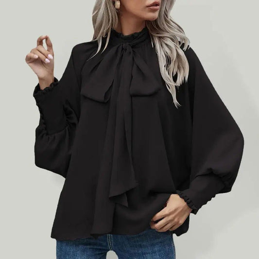 Women's Solid Color Puff Sleeve Bow Tie Blouse - www.Shopthatapp.com