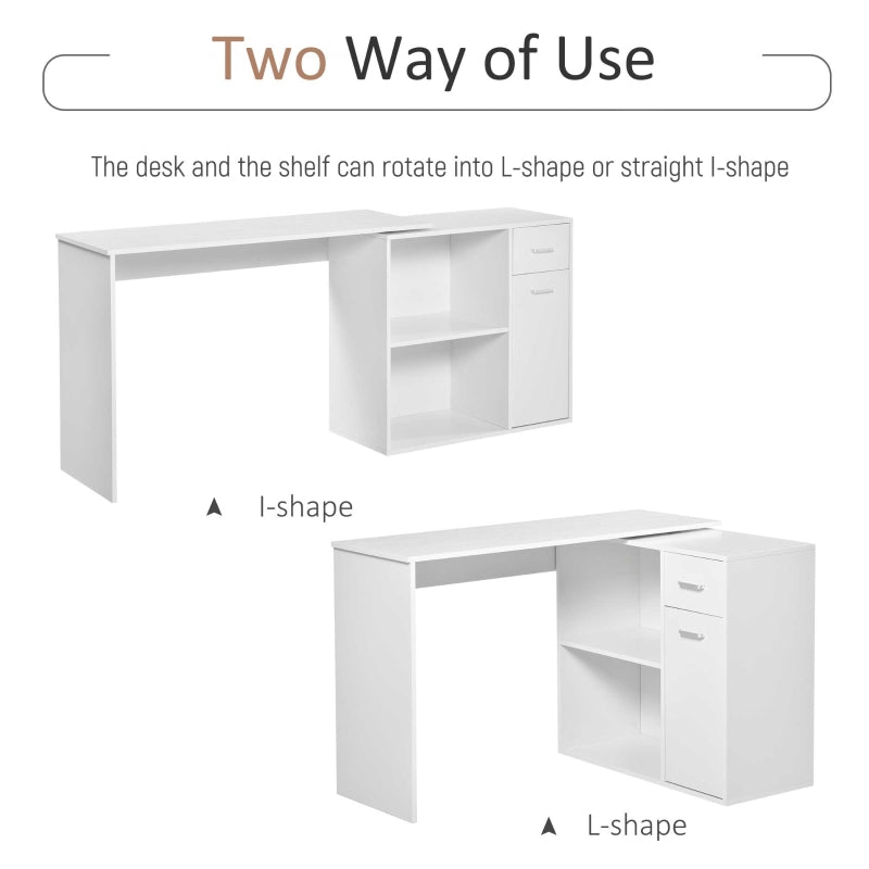 Bureau d'angle en L, table à manger réglable avec étagère de rangement et tiroir, poste de travail pour bureau à domicile, blanc